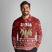 Syria Christmas Long Sleeve Polo Shirt with Golden Eagle Emblem Christmas Camel Scene - Wonder Print Shop