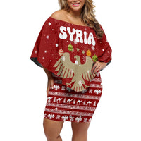 Syria Christmas Off Shoulder Short Dress with Golden Eagle Emblem Christmas Camel Scene - Wonder Print Shop