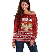 Syria Christmas Off Shoulder Sweater with Golden Eagle Emblem Christmas Camel Scene - Wonder Print Shop