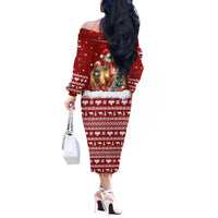 Syria Christmas Off The Shoulder Long Sleeve Dress with Golden Eagle Emblem Christmas Camel Scene - Wonder Print Shop