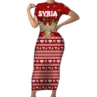 Syria Christmas Short Sleeve Bodycon Dress with Golden Eagle Emblem Christmas Camel Scene - Wonder Print Shop
