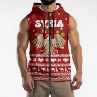 Syria Christmas Sleeveless Zip Hoodie with Golden Eagle Emblem Christmas Camel Scene - Wonder Print Shop
