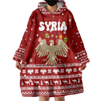 Syria Christmas Wearable Blanket Hoodie with Golden Eagle Emblem Christmas Camel Scene - Wonder Print Shop