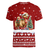 Syria Christmas Women V-Neck T-Shirt with Golden Eagle Emblem Christmas Camel Scene - Wonder Print Shop