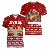 Syria Christmas Women V-Neck T-Shirt with Golden Eagle Emblem Christmas Camel Scene - Wonder Print Shop