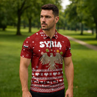 Syria Christmas Zipper Polo Shirt with Golden Eagle Emblem Christmas Camel Scene - Wonder Print Shop