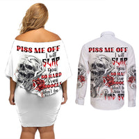 P Me Off Tattooed Skull Rose Couples Matching Off Shoulder Short Dress and Long Sleeve Button Shirt - Wonder Print Shop