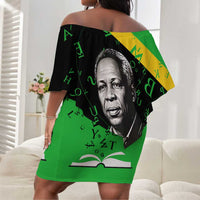 Julius Nyerere Off Shoulder Short Dress Education is a Way of Fighting Poverty Quote and Tanzanian Flag Alphabet - Wonder Print Shop