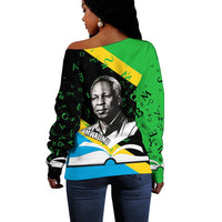 Julius Nyerere Off Shoulder Sweater Education is a Way of Fighting Poverty Quote and Tanzanian Flag Alphabet - Wonder Print Shop