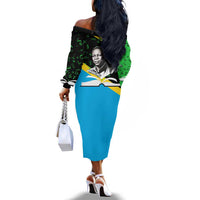 Julius Nyerere Off The Shoulder Long Sleeve Dress Education is a Way of Fighting Poverty Quote and Tanzanian Flag Alphabet - Wonder Print Shop