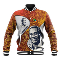 Julius Nyerere Baseball Jacket with Smiling Portrait, Tribal Pattern and Simplicity is Power Quote - Wonder Print Shop