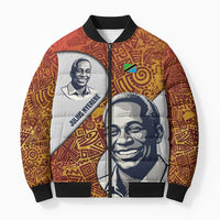 Julius Nyerere Bomber Puffer Jacket with Smiling Portrait, Tribal Pattern and Simplicity is Power Quote - Wonder Print Shop