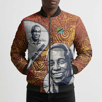 Julius Nyerere Bomber Puffer Jacket with Smiling Portrait, Tribal Pattern and Simplicity is Power Quote - Wonder Print Shop