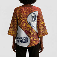 Julius Nyerere Kimono Sleeve Blouse with Smiling Portrait, Tribal Pattern and Simplicity is Power Quote - Wonder Print Shop