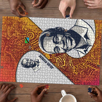 Julius Nyerere Puzzle with Smiling Portrait, Tribal Pattern and Simplicity is Power Quote - Wonder Print Shop