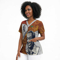 Julius Nyerere Scrub Top with Smiling Portrait, Tribal Pattern and Simplicity is Power Quote - Wonder Print Shop