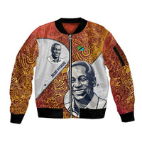 Julius Nyerere Sleeve Zip Bomber Jacket with Smiling Portrait, Tribal Pattern and Simplicity is Power Quote - Wonder Print Shop
