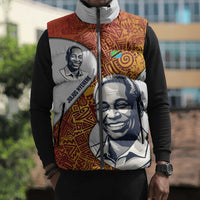 Julius Nyerere Sleeveless Puffer Jacket with Smiling Portrait, Tribal Pattern and Simplicity is Power Quote - Wonder Print Shop