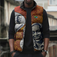 Julius Nyerere Sleeveless Puffer Jacket with Smiling Portrait, Tribal Pattern and Simplicity is Power Quote - Wonder Print Shop