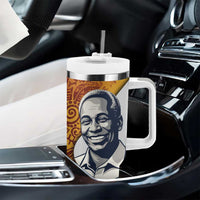 Julius Nyerere Tumbler With Handle with Smiling Portrait, Tribal Pattern and Simplicity is Power Quote - Wonder Print Shop
