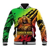 Sundiata Keita Baseball Jacket with Regal Portrait, Lion of Mali Title and Bold Tribal Brushstroke Pattern - Wonder Print Shop