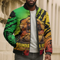 Sundiata Keita Bomber Puffer Jacket with Regal Portrait, Lion of Mali Title and Bold Tribal Brushstroke Pattern - Wonder Print Shop