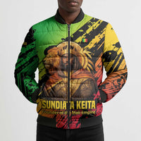 Sundiata Keita Bomber Puffer Jacket with Regal Portrait, Lion of Mali Title and Bold Tribal Brushstroke Pattern - Wonder Print Shop