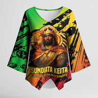Sundiata Keita Kimono Sleeve Blouse with Regal Portrait, Lion of Mali Title and Bold Tribal Brushstroke Pattern - Wonder Print Shop