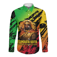 Sundiata Keita Long Sleeve Button Shirt with Regal Portrait, Lion of Mali Title and Bold Tribal Brushstroke Pattern - Wonder Print Shop