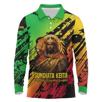 Sundiata Keita Long Sleeve Polo Shirt with Regal Portrait, Lion of Mali Title and Bold Tribal Brushstroke Pattern - Wonder Print Shop