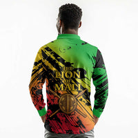 Sundiata Keita Long Sleeve Polo Shirt with Regal Portrait, Lion of Mali Title and Bold Tribal Brushstroke Pattern - Wonder Print Shop