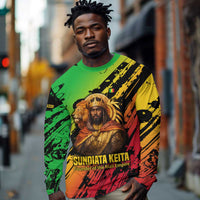 Sundiata Keita Long Sleeve Shirt with Regal Portrait, Lion of Mali Title and Bold Tribal Brushstroke Pattern - Wonder Print Shop