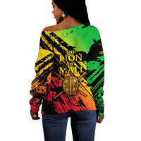 Sundiata Keita Off Shoulder Sweater with Regal Portrait, Lion of Mali Title and Bold Tribal Brushstroke Pattern - Wonder Print Shop