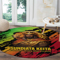 Sundiata Keita Round Carpet with Regal Portrait, Lion of Mali Title and Bold Tribal Brushstroke Pattern - Wonder Print Shop