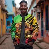 Sundiata Keita Sleeve Zip Bomber Jacket with Regal Portrait, Lion of Mali Title and Bold Tribal Brushstroke Pattern - Wonder Print Shop