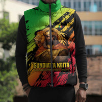 Sundiata Keita Sleeveless Puffer Jacket with Regal Portrait, Lion of Mali Title and Bold Tribal Brushstroke Pattern - Wonder Print Shop