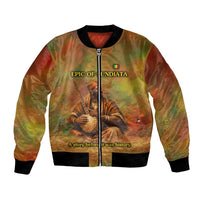 Sundiata Keita Bomber Jacket Griot Storytelling Scene, Epic of Sundiata Text and Heritage-Inspired Earth Tone - Wonder Print Shop