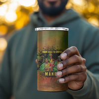 Sundiata Keita 4 in 1 Can Cooler Tumbler Griot Storytelling Scene, Epic of Sundiata Text and Heritage-Inspired Earth Tone - Wonder Print Shop
