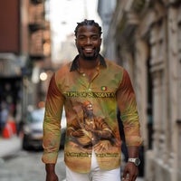 Sundiata Keita Long Sleeve Button Shirt Griot Storytelling Scene, Epic of Sundiata Text and Heritage-Inspired Earth Tone - Wonder Print Shop