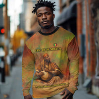 Sundiata Keita Long Sleeve Shirt Griot Storytelling Scene, Epic of Sundiata Text and Heritage-Inspired Earth Tone - Wonder Print Shop