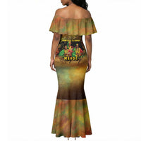 Sundiata Keita Mermaid Dress Griot Storytelling Scene, Epic of Sundiata Text and Heritage-Inspired Earth Tone - Wonder Print Shop