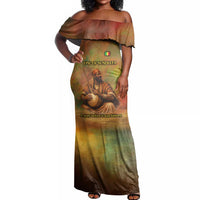 Sundiata Keita Off Shoulder Maxi Dress Griot Storytelling Scene, Epic of Sundiata Text and Heritage-Inspired Earth Tone - Wonder Print Shop