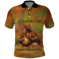Sundiata Keita Polo Shirt Griot Storytelling Scene, Epic of Sundiata Text and Heritage-Inspired Earth Tone - Wonder Print Shop
