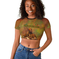 Sundiata Keita Raglan Cropped T shirt Griot Storytelling Scene, Epic of Sundiata Text and Heritage-Inspired Earth Tone - Wonder Print Shop