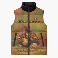 Sundiata Keita Sleeveless Puffer Jacket Griot Storytelling Scene, Epic of Sundiata Text and Heritage-Inspired Earth Tone - Wonder Print Shop