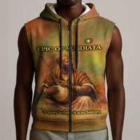 Sundiata Keita Sleeveless Zip Hoodie Griot Storytelling Scene, Epic of Sundiata Text and Heritage-Inspired Earth Tone - Wonder Print Shop