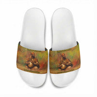 Sundiata Keita Slide Sandals Griot Storytelling Scene, Epic of Sundiata Text and Heritage-Inspired Earth Tone - Wonder Print Shop