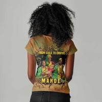 Sundiata Keita Women V-Neck T-Shirt Griot Storytelling Scene, Epic of Sundiata Text and Heritage-Inspired Earth Tone - Wonder Print Shop