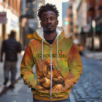Sundiata Keita Zip Hoodie Griot Storytelling Scene, Epic of Sundiata Text and Heritage-Inspired Earth Tone - Wonder Print Shop