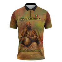 Sundiata Keita Zipper Polo Shirt Griot Storytelling Scene, Epic of Sundiata Text and Heritage-Inspired Earth Tone - Wonder Print Shop